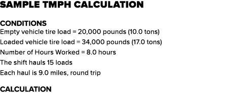 SAMPLE TMPH CALCULATION CONDITIONS Empty vehicle tire load = 20,000 pounds (10.0 tons) Loaded vehicle tire load = 34,...