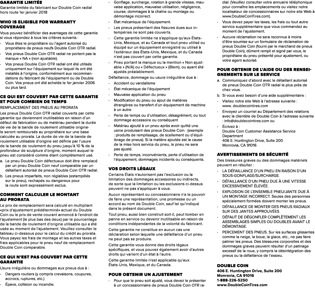 GARANTIE LIMIT E Garantie limit e du fabricant sur Double Coin radial hors route 1er janvier 2018 WHO IS ELIGIBLE FOR...