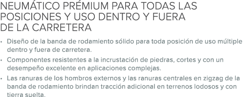 NEUM TICO PR MIUM PARA TODAS LAS POSICIONES Y USO DENTRO Y FUERA DE LA CARRETERA • Dise o de la banda de rodamiento s...
