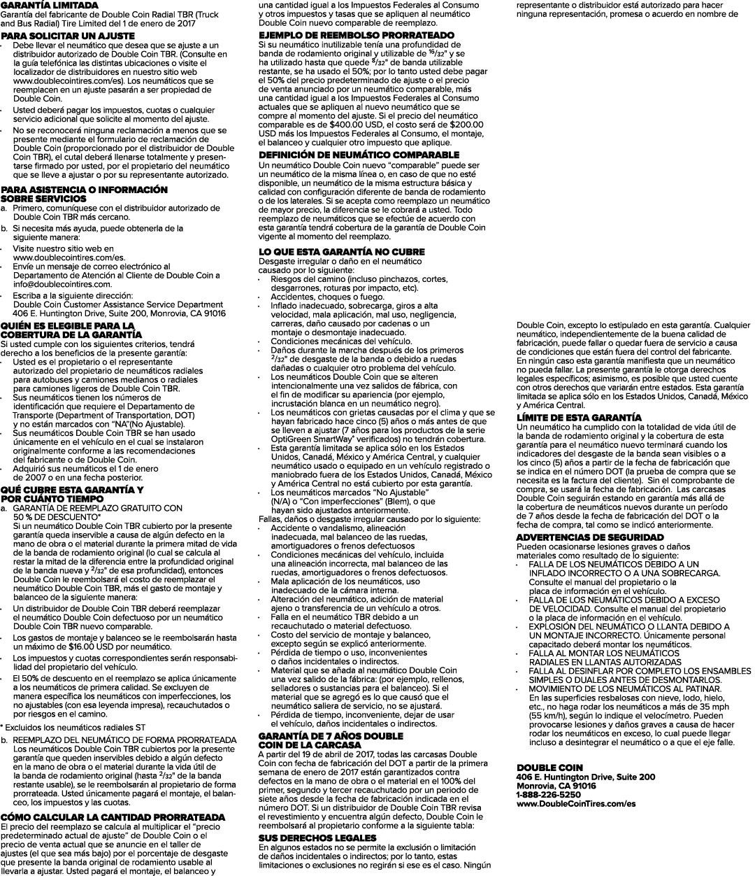 GARANT A LIMITADA Garant a del fabricante de Double Coin Radial TBR (Truck and Bus Radial) Tire Limited del 1 de ene...