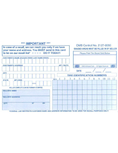 Tarjeta de Registro de Neumáticos (Inglés)